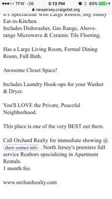 Orchard realty Craigslist ad.