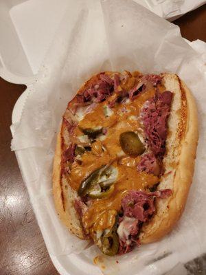 Spicy corned beef grinder. I requested extra jalapenos for very spicy.