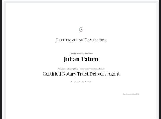 Trust Delivery Certificate