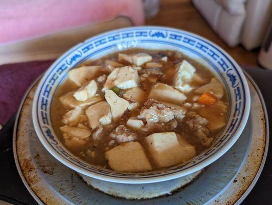 Tofu and ground pork dish with gravy, reheated