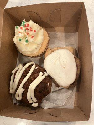 Cinnamon roll, almond cupcake and pumpkin gingerbread muffin