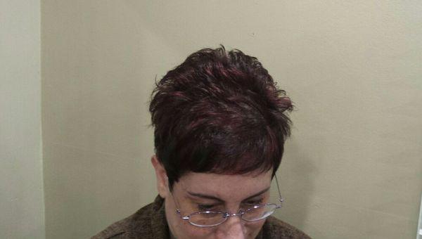 Pixie cut with red violet highlights