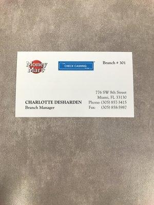 Here's a business card with our store info and the managers name!