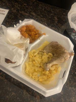 This was our FREE to go plate, y'all.  Baked chicken, Mac n cheese, yams and like 4 pieces of cornbread wrapped up.