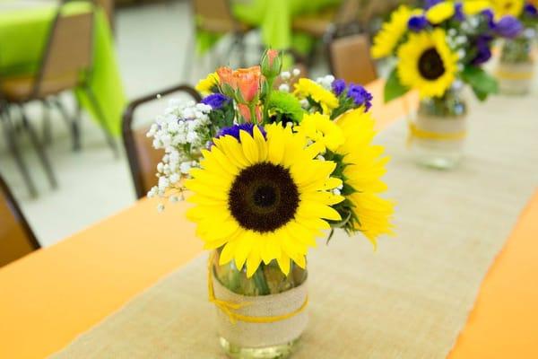 Sunflower centerpieces in a Mason jar with Burlap accents