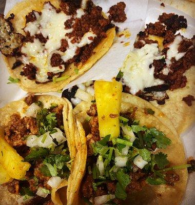 Choriqueso tacos and tacos Al pastor