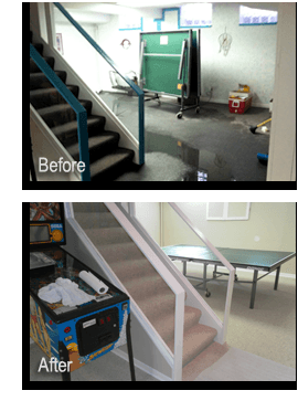 Water damage restoration in flooded basement before and after