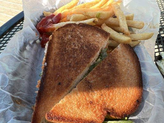 Buffalo shredded chicken sandwich.