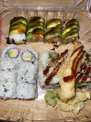 Hulk roll, California roll, crunch shrimp tempura roll