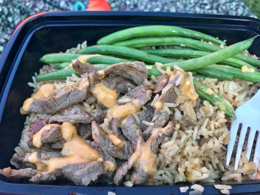 Steak combo - garlic fried rice, crispy beans. Yum