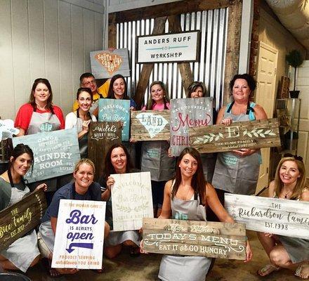 One of our Plank Sign Workshops.  Creative & Fun!