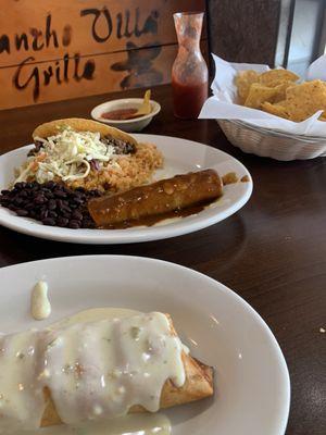 Chimichanga Enchilada, Rice and Beans Lunch Specialty Taco To Go Chips and Salsa