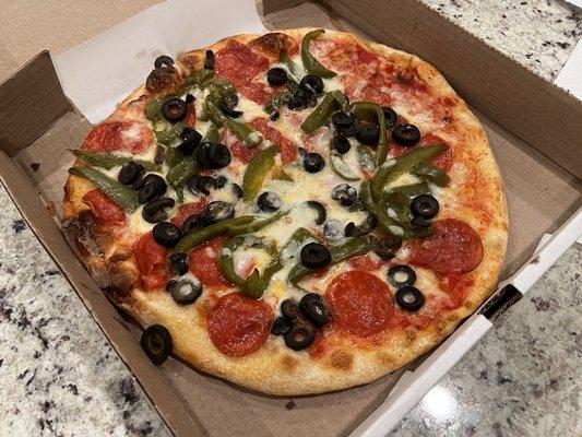 Small Pizza with Pepperoni, Olives, and Green Peppers