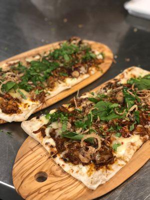 BBQ Pulled Pork Flat Bread Fried Shallots | Caramelized Red Pearl Onions Coffee BBQ Sauce | Pepper Jack Cheese Queso Fresco | Cilantro