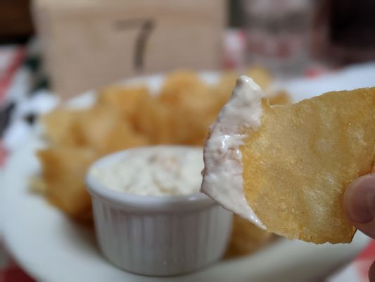 Fresh made chips with onion dip