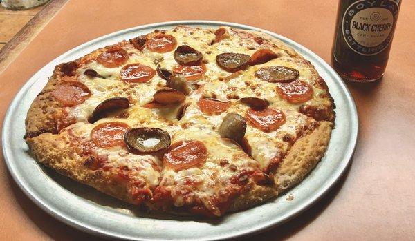 Pepperoni sausage pizza. Extra cheese is standard!