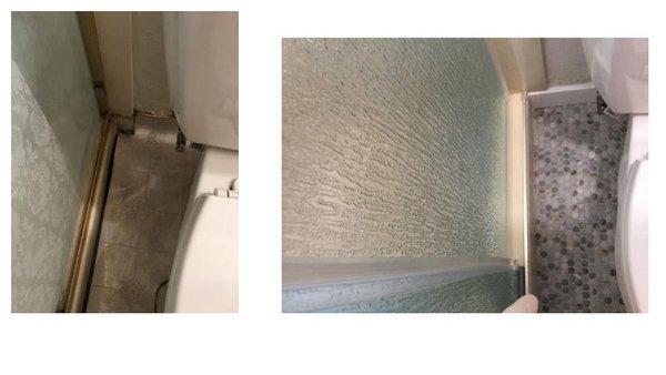 Before and after: shower doors, replacement flooring.