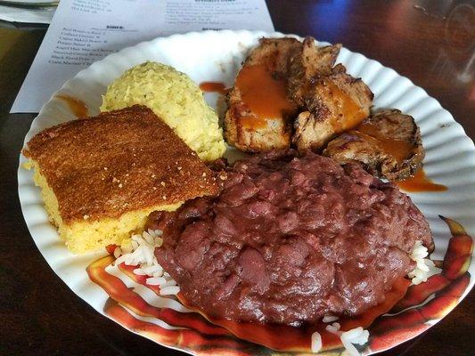 Tri tip with potato salad & red beans & rice with cornbread.