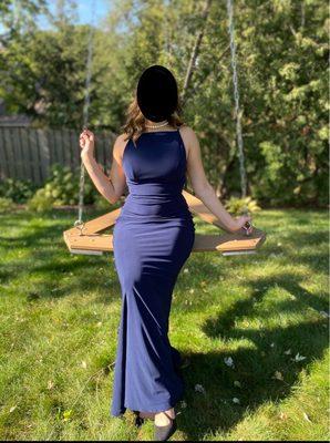 Navy Jersey Knit Floor-length. Double lined, strappy open back. Elegant, timeless.