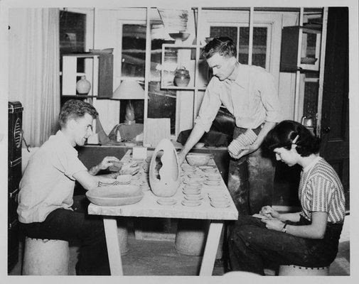 Oliver Greene (center) and other RISD students crafting early Peter Pots pottery. Early partner Mary Ryan is at right (c. 1948).