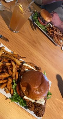 Beef burger with homemade fries, Arnold Palmer & fried chicken sandwich with fries