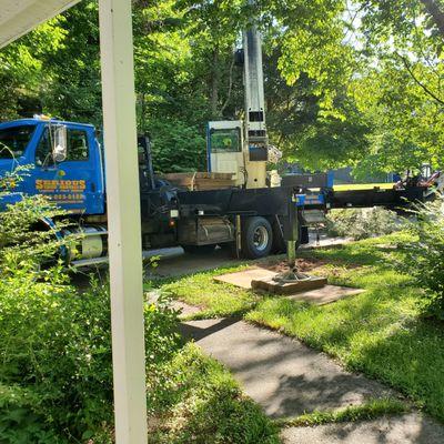 The crane setup in my driveway