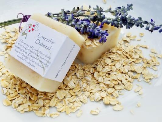 Lavender Oatmeal.
 This bar gently scrubs with a relaxing oil of lavender.