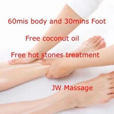 60min body and foot massage, free hot stones treatments and free coconut oil.