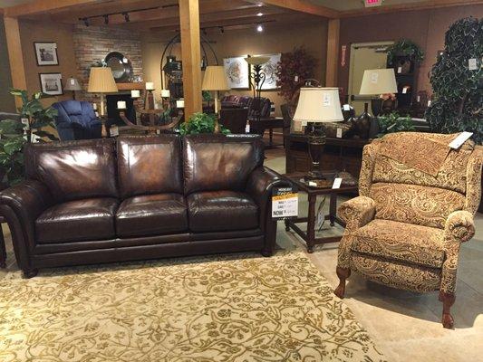 Williams Leather Couch with Richfield Print Recliner Chair.