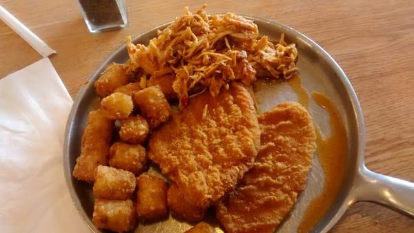 Chicken patties, shredded taco chicken, tots.