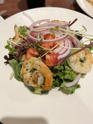 Garden salad with grilled shrimp.