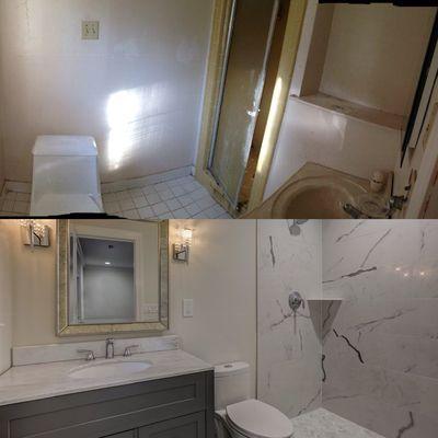 Before & After : we extended the bathroom by taking room from the adjacent closet which made the shower 3 times bigger.