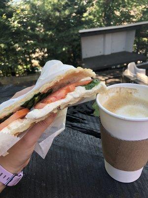 Vegetarian panini and latte