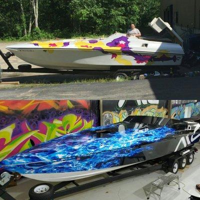 Change the look of your outdated boat to something that pops like this blue real flame wrap.