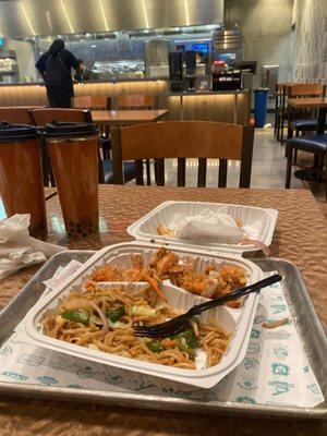 Chowmein with salted shrimp ( $14+ ) and Thai tea $6.48 +$1 for boba )