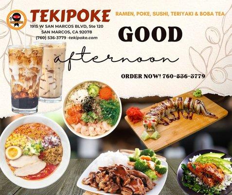 Boba Milk Tea, Coffee, Red Spicy Miso Chicken Ramen, So-Cal Special Poke Bowl, Dragon Roll, Chicken Teriyaki, Salmon Teriyaki.