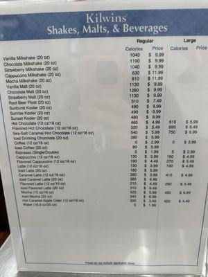 Coffee and drink options with calories