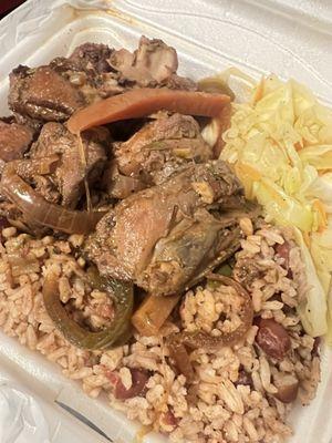 Brown Stew Chicken with rice and cabbage