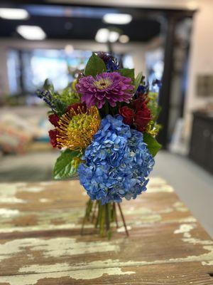 Pin cushion protea , hydrangea , zinnia and some much more