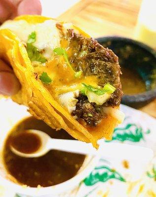 Birria Taco with Cheese, Chile Consommé