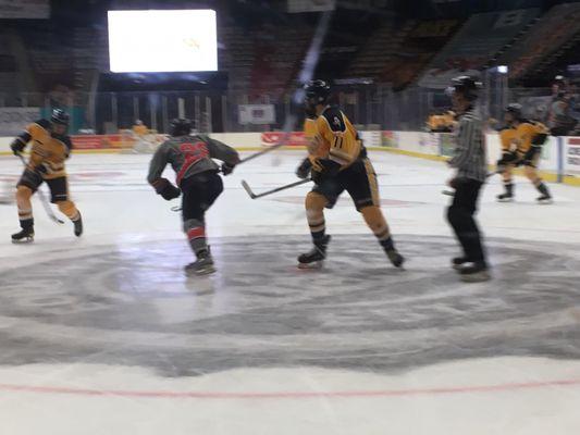 9/2/17 Saturday.ETBU Tigers (gold) v. (Ole Miss) University of Mississippi Rebels (gray). Ice Hockey. Hirsch Coliseum. Shreveport, Louisiana