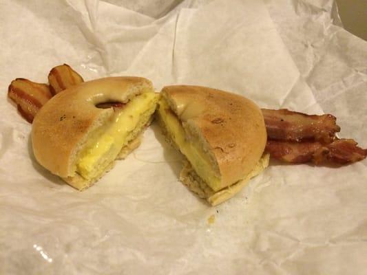 Plain bagel with peppered bacon and Swiss cheese. Yum!