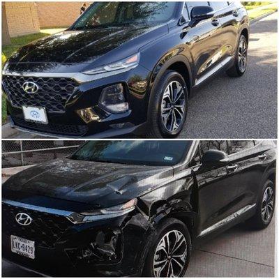 This is before and after pics of a Hyundai we also did body work on. Another very satisfied customer.