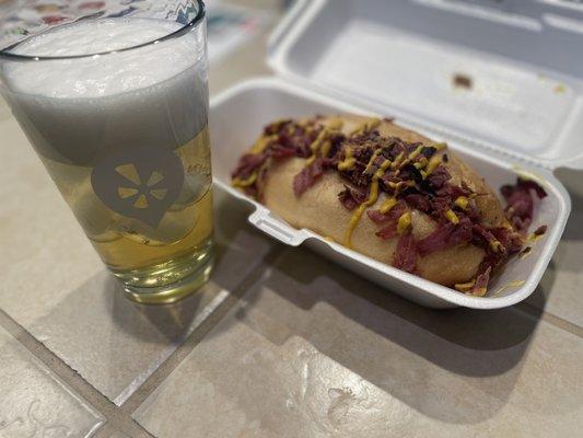 Sandwich with a mango cart ale in a Yelp swag glass.