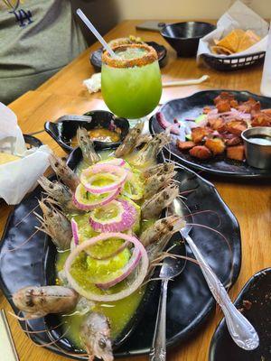 Agua chiles and chicarron de pescado accompanied with fresh lemonade!!!