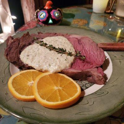 Prime rib with a blue cheese sauce