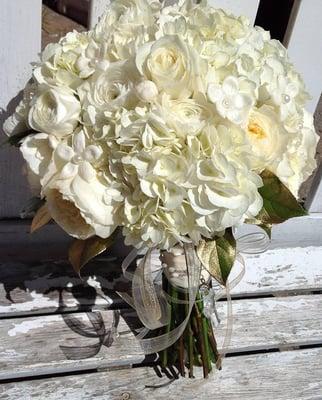 Brides Bouquet All White with Gold Accents, Grandmother's Rosary Beads attached.