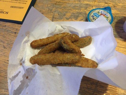 Fried pickle wedges, pickles inside were still cold from the fridge.