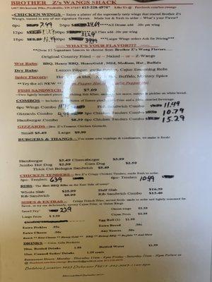 Menu with updated prices