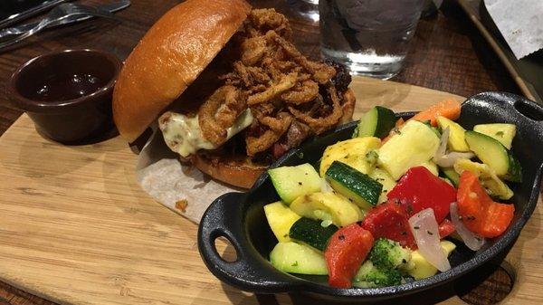 Mr Burns (burnt ends, chipotle BBQ sauce, pepper jack cheese and onion straws sandwich) plus a side of veggies